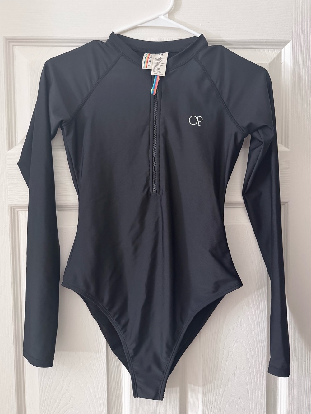 OP Black Long-Sleeve Zip Front One-Piece Swimsuit